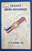 1950 France v British Empires mutli signed Programme Menu Card - Dec 10th, 1950, a good selection of