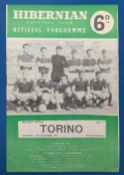 1961/62 Hibernian v Torino friendly match programme at Easter Road 16 October 1961, photo on cover