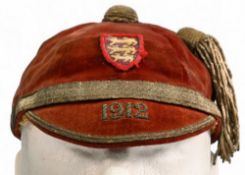 1912 Lancashire County Rugby Cap, C Hignett: Maroon example with county badge, VG outer but silk