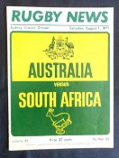 1971 Australia v S Africa 3rd Test Rugby Programme: From Sydney, with virtually identical cover to