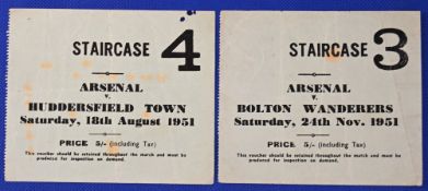 Tickets: Arsenal home match tickets 1951/52 Huddersfield Town, Bolton Wanderers; fair. (2)