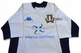 2002 Matchworn Italian Rugby Jersey v Scotland: White with blue trim, embroidery, short sleeves