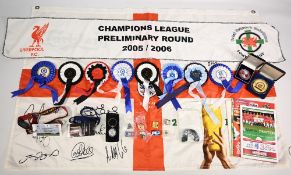 Assorted Football memorabilia to include a Liverpool TNS Scarf 2005/06, 8x Rosettes including the