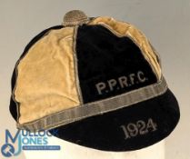 Percy Park RFC 1924 Rugby Honours Cap: black & cream, striking 6-panelled issue with silver braid,