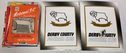 Derby County FC two folders and 78 away football programmes 1949-1982 to include 1949/50 x1, 1950/51