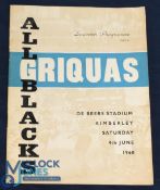1960 Griquas v NZ All Blacks Rugby Programme: A lot of effort, inc a coloured insert, went into this