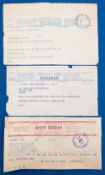 Three 1947 South Africa Springbok Football Team Captain Horace Smethurst telegrams Australia Tour