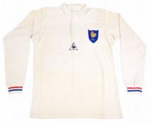 1987 Pascal Ondarts Matchworn France Rugby Jersey: White Le Coq Sportif French jersey, logo to