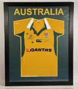 2005 Australia framed mounted Special Rugby Jersey: Black-wood framed and green cut-out mounted, 35