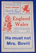 1934 Wales v England Rugby Programme: A lovely example from Cardiff Arms Park over 90 years ago. VG