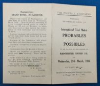 Pre-War 1935/1936 England International Trial match itinerary for Probables v Possibles at