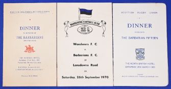 1957-93 Barbarians Rugby Dinner Menus (3): VG. Rare at B Columbia, Vancouver 1957, & v Wanderers,