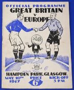 1947 Great Britain v Europe international match programme 10 May 1947 at Hampden Park, Glasgow; team