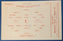 1951/52 Manchester United reserves v Everton Central League match programme, single sheet, 22