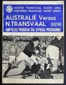 1969 N Transvaal v Australia Rugby Programme: Bold colourful picture cover, solid issue from