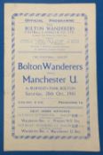 1945/46 Bolton Wanderers v Manchester Utd league match programme 20 October 1945, 4 page; slight