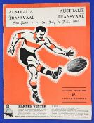 1953 Transvaal v Australia Rugby Programme: Cover v striking for its time, over 70 years ago, as the