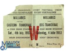 1953 Ticket for Eastern Transvaal Rugby Match v Australia: Corner ripped for entry, otherwise G