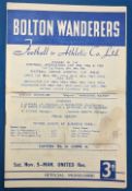 1955/56 Bolton Wanderers v Manchester United Central League match programme 5 November 1955,
