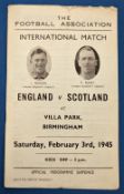 1945 England v Scotland international match at Villa Park official programme 3 February 1945,