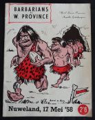 1958 W Province v Barbarians Rugby Programme: Amusing cartoon cover and substantial issue from