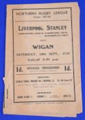 Post war Rugby League programme: 1937/38 Liverpool Stanley v Wigan. Fair-Good condition with some
