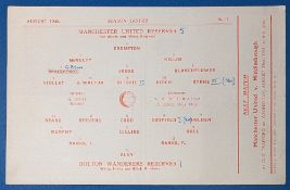 1951/52 Manchester Utd reserves v Bolton Wanderers Central League single sheet match programme;