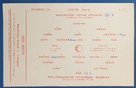 1953/54 Manchester United reserves v Wolverhampton Wanderers Central League programme, single sheet,