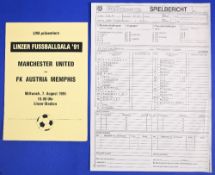 1991 Friendly Manchester United match FK Austria Menu plus 4 page programme + team sheet; good. (2)