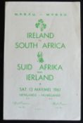 1961 S Africa v Ireland Rugby Programme: Clean 4pp example from the Newlands, Cape Town test. VG