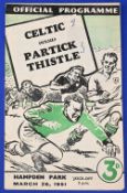 1951 Glasgow Cup Final Replay Celtic v Partick Thistle match programme at Hampden Park 26 March