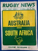 1965 Australia v S Africa 1st Test Rugby Programme: Another bright Rugby News cover from Sydney,