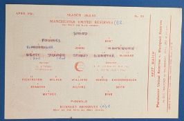 1952/53 Manchester United reserves v Burnley Central League match programme, single sheet, 25