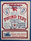 1932 Australia v England Rugby League 3rd Test Programmes, held at Sydney CC 16th July 1932 - slight