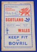 1939 Wales v Scotland Rugby Programme: This 11-3 win came in Wales' last home international before