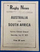 1971 Australia v S Africa 1st Test Rugby Programme: Still Rugby News-produced from Sydney, but