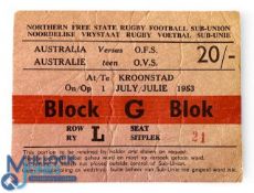 1953 Ticket for Orange Free State Rugby Match v Australia: Creased but o/wise G, clean clear