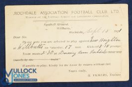 1921 Rochdale AFC Ltd player selection card for the home match v New Brighton at Spotland Saturday