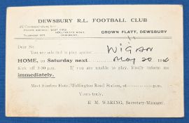 1946 Wigan Rugby League Selection Card for Jack Bradbury May 20th, 1946