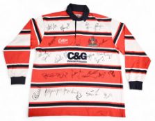c.2000 A Gomersall's Gloucester RFC Squad signed Rugby Jersey: Marked for 'Gommers' to the Cotton