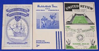 1954/55 Manchester Utd away match programmes Portsmouth, Huddersfield Town, Newcastle Utd; fair/