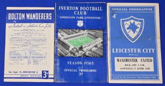 1954/55 Manchester Utd away match programmes Leicester City, Bolton Wanderers, Everton (creased)
