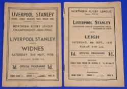 Post war Rugby League programmes: Liverpool Stanley v Widnes Championship S/F 1936 & Liverpool
