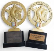 1999-2012 French Rugby Federation Brass Presentation Trophies (2): Heavy pair, approx. 9