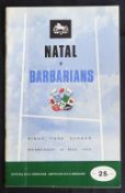 1969 Natal v Barbarians Rugby Programme: Neat compact colourfully-covered issue. VG