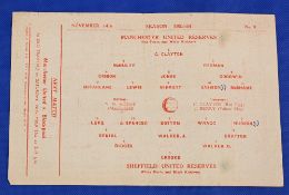 1953/54 Manchester Utd reserves v Sheffield Utd Central League match programme, single sheet, 14