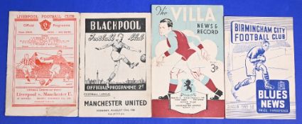 Manchester Utd away match programmes 1948/49 Liverpool, Blackpool, Aston Villa, 1949/50 Birmingham