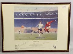 Signed England World Cup 1966: a print entitled '66 World Cup Final, depicting Geoff Hurst scoring