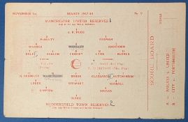 1947/48 Manchester Utd reserves v Huddersfield Town Central League programme, single sheet; team