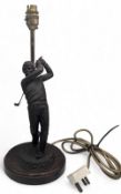 Resin Golf Figure Lamp Base, a 41cm lamp base of a golfer figure in swing with wooden base brass
